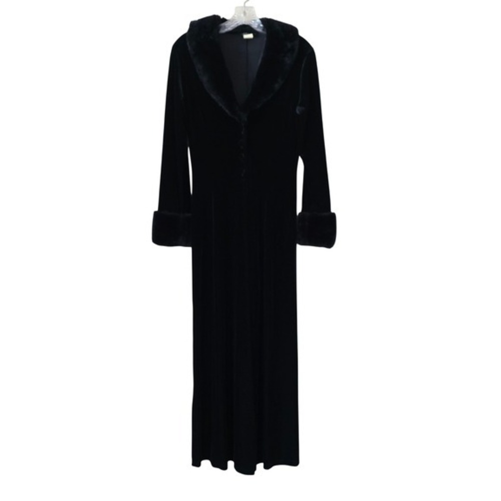 Vintage Black Velvet Maxi Robe Faux Fur Trim Collar Cuffs Button Front Longline